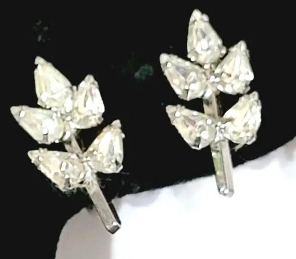 Sterling Silver Rhinestone Screw Back Earrings Leaf White Colorless .75" sb-56